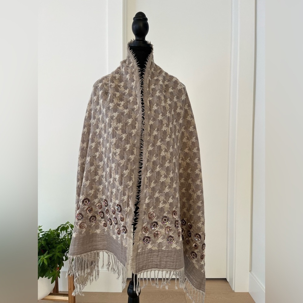 WRAP SHAWL Scarf Wool Sequin Bead Embellished Neutral Coastal Grandma Cozy Chic